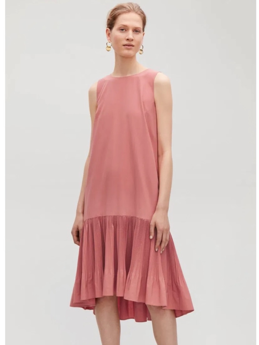 COS Sleeveless Rose-Pink Pleated-Hem Dress 100% Cotton Size 36